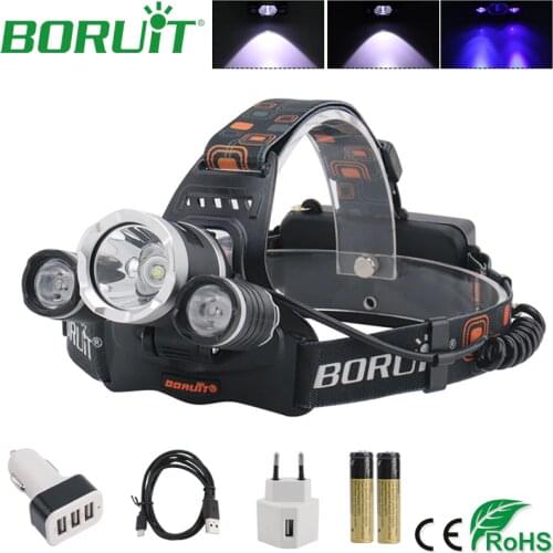 BORUiT 395nm UV LED Headlamp Ultraviolet Purple Flashlight USB Rechargeable Headlights Camping Hunting Head Torch 18650 Battery