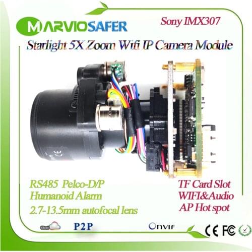 H.265 Starlight FULL HD WIFI IP PTZ Camera Module Motorized auto-focal 2.7-13.5mm Zoom Lens TF Card Slot RS485 Human detection
