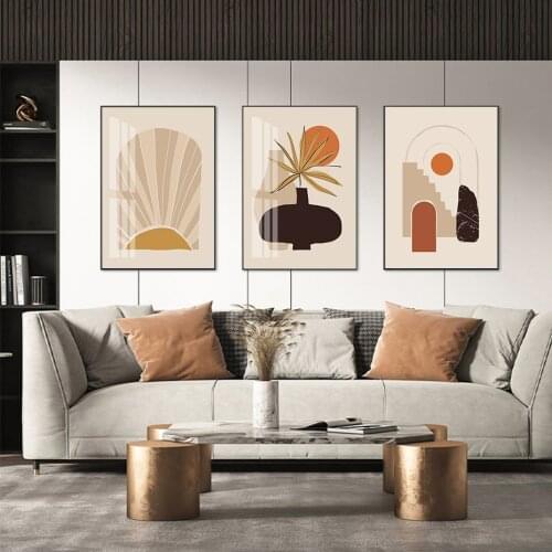Boho Style Canvas Paintings Abstract Geometric Beige Wall Art Sun leaves Posters and Prints Pictures for Living Room Home Decor