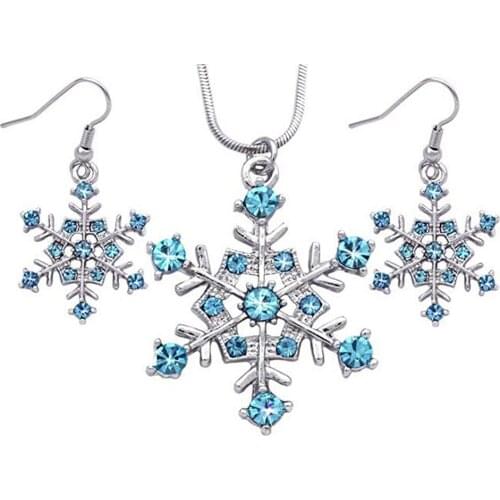 Exquisite Blue Crystal Inlay Metal Snowflake Pendant Necklace Earrings for best Winter Christmas Gift Jewelry Set