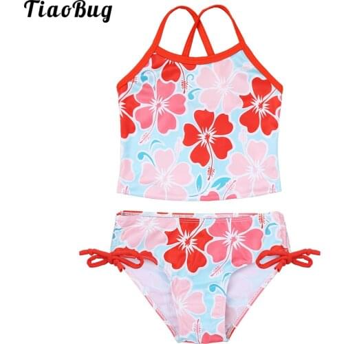 TiaoBug Summer 2Pcs Kids Girls Tankini Floral Printed Swimsuit Swimwear Bathing Suit Tops With Tie Side Bottoms Sets Bikini