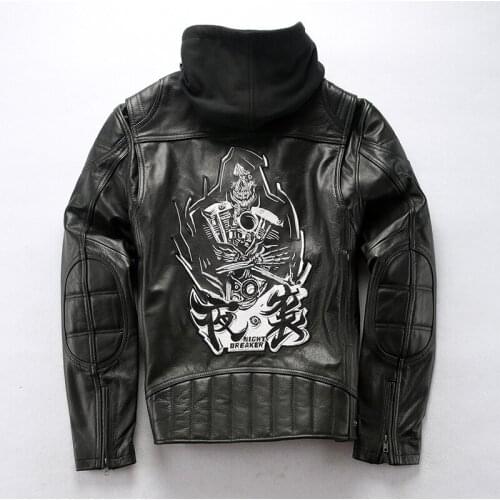 2020 New Men Embroidery Professional Motorcycle Leather Jacket Fashion Back skull Cowhide Biker Jacket Russia Winter Coats