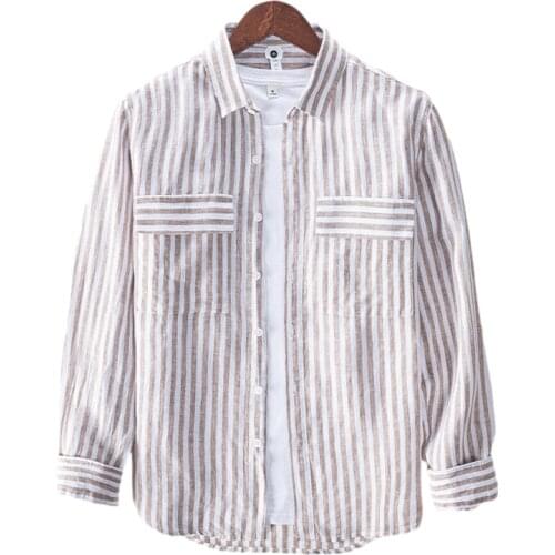 Long Sleeve Shirt for Men 100% Linen Striped Casual Turn-down Collar Tops Spring New Male Fashion Clothing Trends