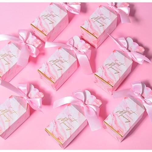 24Pcs New Pink Marble Lines Candy Boxes with Ribbon Decoration for Wedding or Birthday Party Event Gifts Chocolates Storage