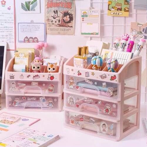 MINKYS Kawaii White/Pink/Transparent ABS Drawer Desktop Organizer Makeups Pens Desk Storage Box Free Sticker School Stationery