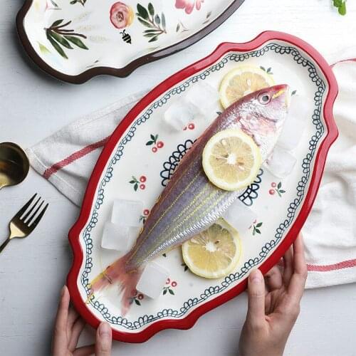 Cherry Pattern Steamed Fish Plate Household Rectangular Large Octagonal Fish Plates Japanese Style Tableware Kitchen Supplies
