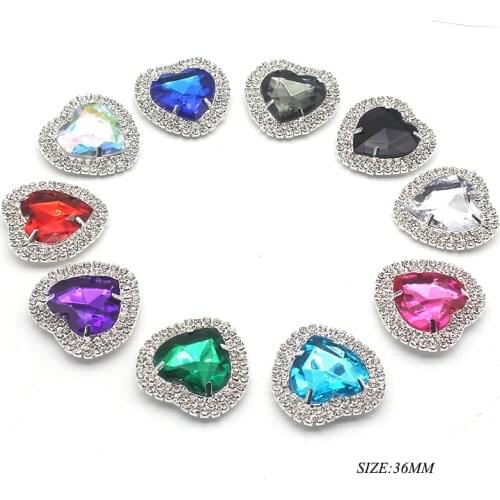 New 5Pcs/Lot of 36MM Heart-shaped Rhinestone Alloy Buttons For Decorate DIY Beautiful Flat Back Metal Crafts Accessories