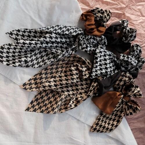 Houndstooth Bow-knot Scrunchies Black Coffee Ribbon Hair Ties French Korean Style Vintage Girl Headdress Women Hair Accessories