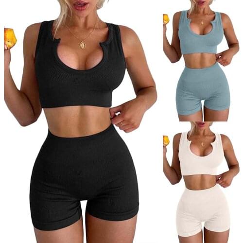 Sexy Sports Suitwomen Sleeveless Seamless Ribbed Crop Tank High Waist Shorts Yoga Outfits Sets Женский Спортивный Костюм