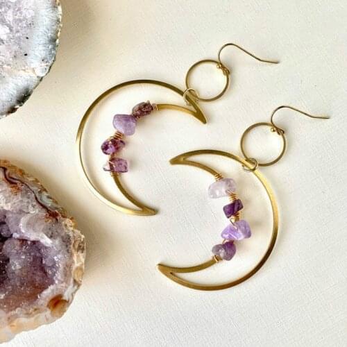 Moon phase earrings, Crescent moon earrings, Space earrings, Sun and moon earrings, Genuine amethyst earrings, Witchy Earrings