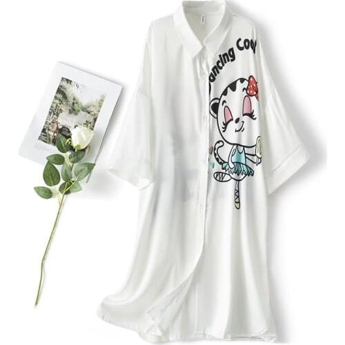 Loose Womens Print Nighty Sleepwear Short Sleeve Sleep Nightgown Summer Satin Shirt Nightgown Bride Casual Home Wear Gown