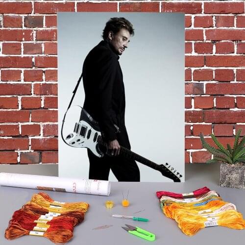 Johnny Hallyday Printed Water-Soluble Canvas 11CT Cross-Stitch DIY Embroidery Complete Kit DMC Threads Handiwork Gift