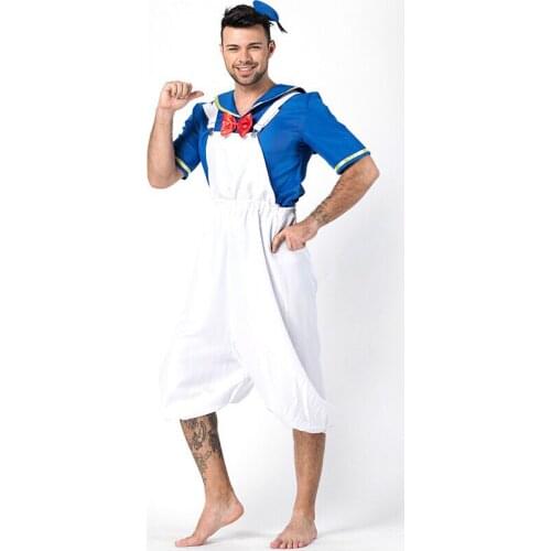 Adult Men Halloween Sailor Jumpsuit Costume Suspender Sling Cropped Pants White Blue Uniform For Male