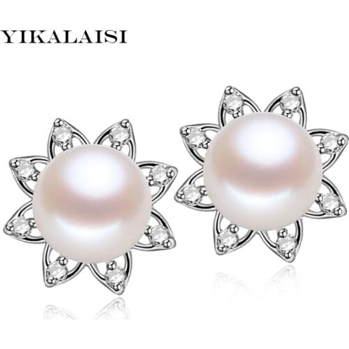 YIKALAISI 925 Sterling-Silver-Jewelry100% Natural Freshwater pearl Stud Earrings with For Women Best Gifts Free Shipping