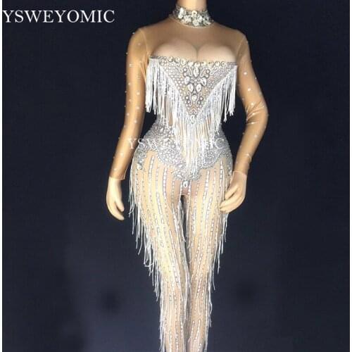 YSWEYOMIC Tassels Crystals Jumpsuit Female Singer Dancer Sexy Leggings Costume Big Stretch Bodysuit Nightclub Oufit Party Wear