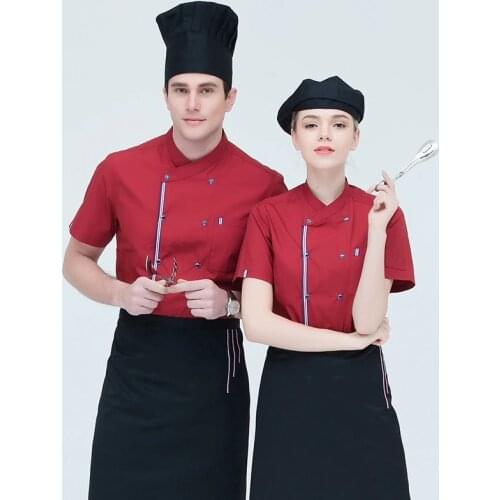 Short Sleeve Restaurant Chef Kitchen Work Uniforms Oblique Collar Double Breasted Jacket Catering Food Serive Cook Wear