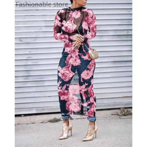 Women Sexy Sheer Stretch Mesh Floral Print Long Sleeve Midi Dress