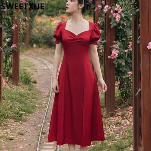 SWEETXUE 2021 Summer French Retro Dress Chic Slim Temperament Elegant V-neck Puff Sleeve Fashion Party Dress Female