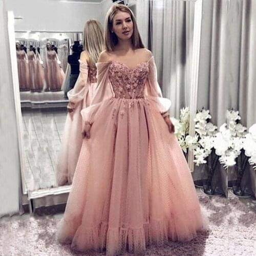 New Arabic lace Evening Dresses Long Off The Shoulder Evening Pink Celebrity Dress Robes De Soiree 2020 Prom Party Dress Vestido