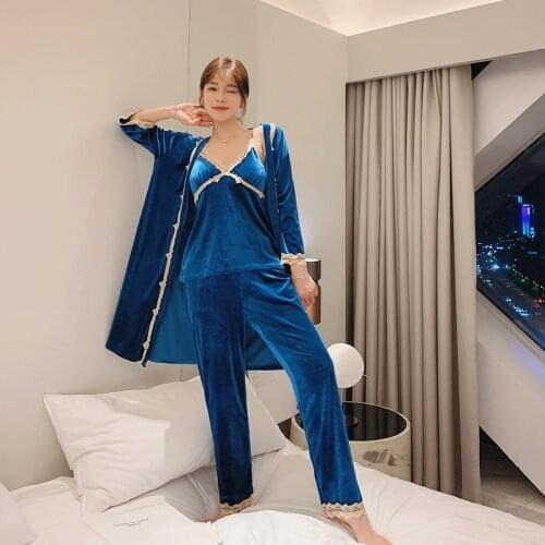 Golden Velvet Pajamas Womens Fall Winter 2020 New Sexy Suspender Nightgown Three Piece Set Large Cross Border Home Wear