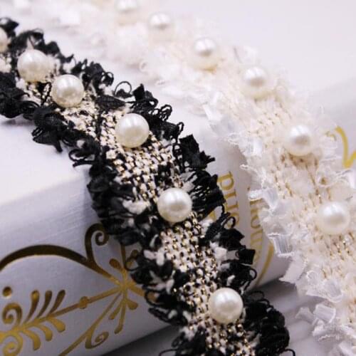 1Yard Beaded Lace Trim White Black Fringe Ribbon With Pearls Fabric DIY Costume Dress Sewing Craft