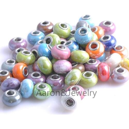 15mm Silver Big Hole Ceramic Flat Round Charms Beads Fit European Braclet DIY 10PCS YKL0318X