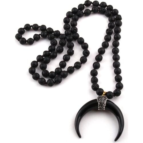 Free Shipping Fashion Stones Long Knotted Ox Horn Moon Pendant Necklace Lariat Necklaces