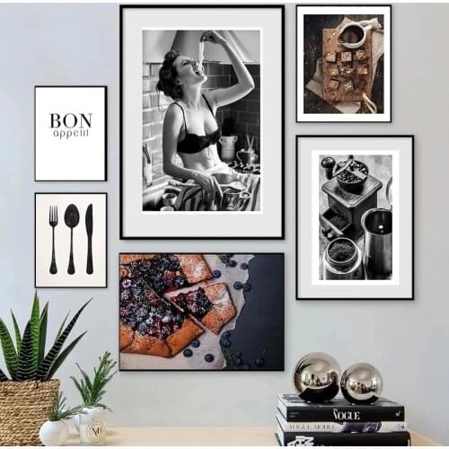 Black and White Woman Wall Canvas Painting Kitchen Decor Pizza Coffee Poster and print art picture For Dining Hall Home decor