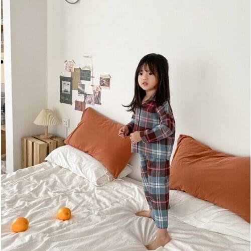2021 Korea style girls 2 pcs set plaid shirt+long pants autumn cotton kids pajama suit 1-7 years WU447