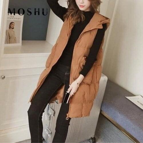 Long Down Jacket Women Puffer Vest Sleeveless Hooded Winter Coat with Pocket Loose Women Bodywarmer chaleco mujer Black Gilets