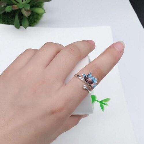 Sterling blue lotus ring retro female fashion personality wild lotus opening ring female student jewelry