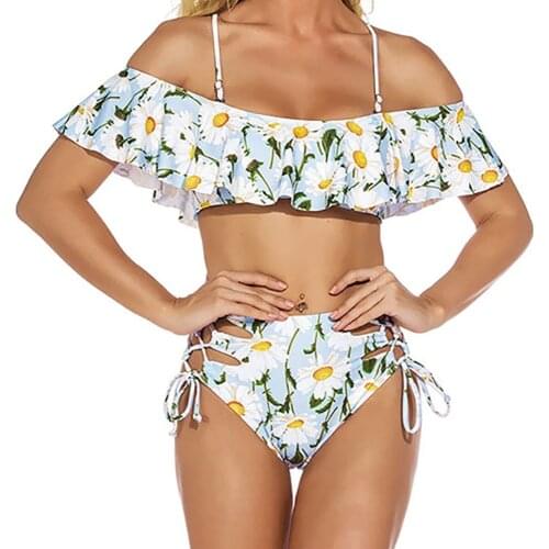 Floral Printing Ruffle Graphic Frill Trim Bikini Set 2021 Summer Women Sexy Swimsuit Suit Gather Push Up Beach Swimwear Thong