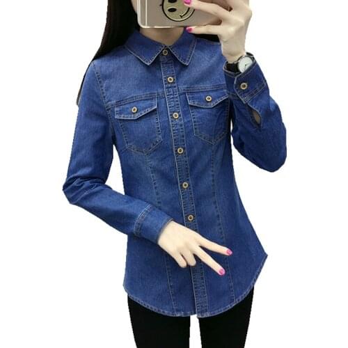 Fashion Spring Autumn women cotton pocket Turn-down Collar full-sleeve blouse Single Breasted blue Denim shirt casual tops