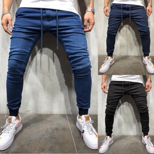 Fashion high waist tight simple mens jeans cool slim shape tie up small feet jeans trousers men