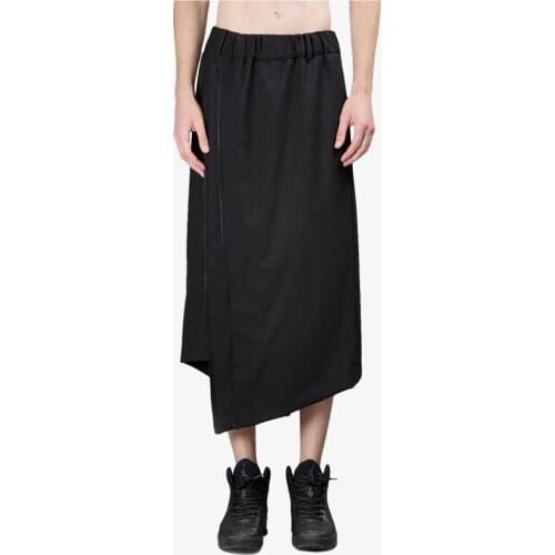 Mens black irregular straight leg cropped trousers dark layered Japanese niche design zipper skirt