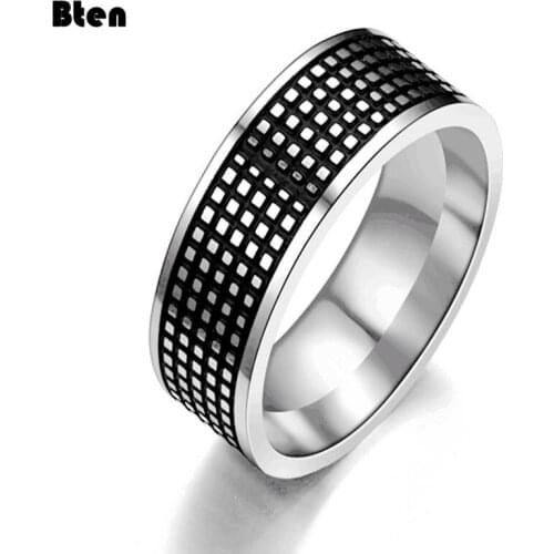 Bten Creative Vintage Carving Small Squares Stainless Steel Ring for Men Fashion Wedding Party Gothic Steampunk Jewelry