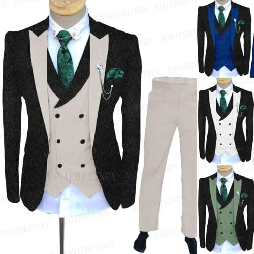 2021 Brand Jacquard Black Suit Men With Beige Vest Pants 3 pieces Custom Made Fashion Business Tuxedo Groom Dinner Wedding Suits