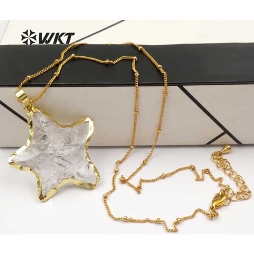 WT-N1119 Wholesale Fashion Diy Knotted Crystal Quartz Necklace pendant Natural Stone Star with gold trim necklace jewelry