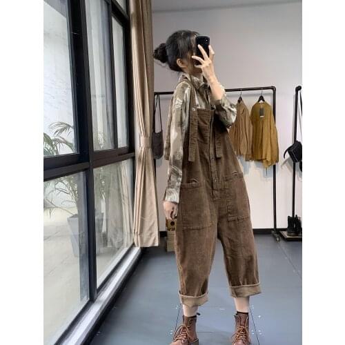 Autumn and winter simple one row corduroy suspenders literature and art loose show thin Harem Pants female sn6779