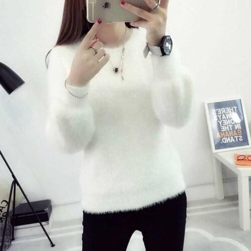 No Lint Autumn Winter Loose Knitted Mohair Crew Neck Pullover Sweater Women