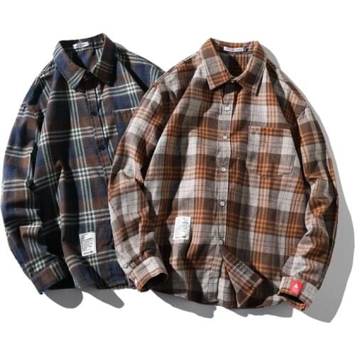 2021 Fashion Men Korean Plaid Shirts Plus Size Harajuku Streetwear Shirt Male Loose Vintage Oversized Couple Tide Brand Shirt
