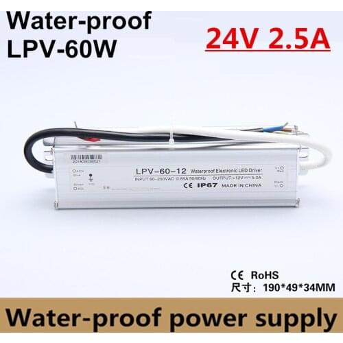 DC 24V 2.5A 60W 90V-260V Lighting Transformer, Aluminum IP67 Waterproof LED driver Power Supply Adatper for LED Strip Lights
