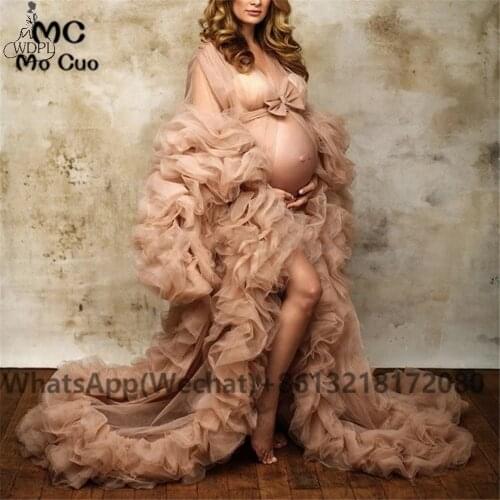 Champagne Illusion Pregnant Evening Party Dresses Deep V Neck Long Tiered Lush Tulle 2020 Handmade Abiye Prom Dresses Bow