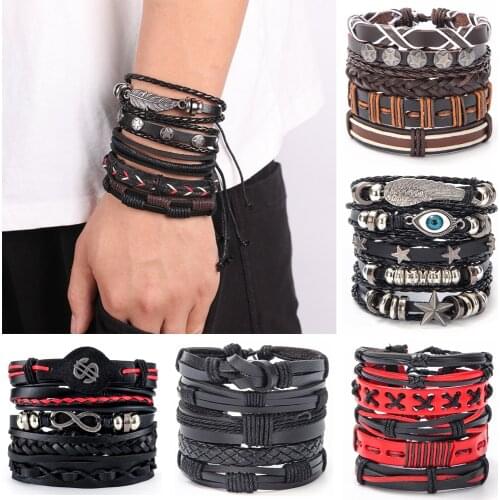 Vintage Multiple Leaf Star Charm Bracelets Set For Men Woman Fashion Wristbands Leather Bracelet Bangles 2021 Party Jewelry