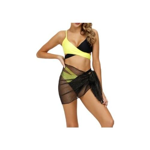 2021 newest Summer Women Split Swimsuit Set Contrast Color V-neck Bikini+Panties+See-through Mesh Cover Ups