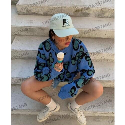 B-TOTO American Retro Blue Butterfly Jacquard Round Neck Sweater Womens Trendy Ins Pullover 2021 New Fashion