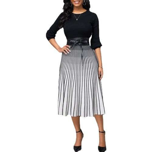 European Style Autumn Women Fashion Elegant Striped Solid Patchwork A-line Party Dress Casual High Waist Dress Plus Size 5xl