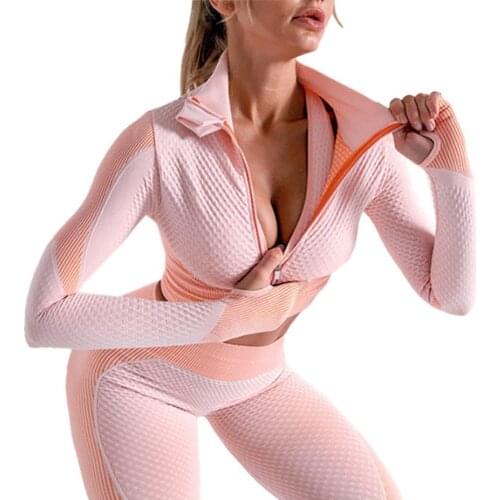 Squat Proof 3Pcs Popular Long Sleeves Female Sport Gym Suits Nylon Seamless Yoga Sets Front Zip for Women