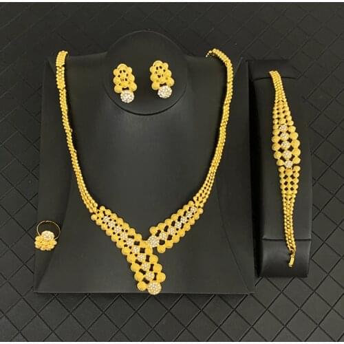 4PCS Set Dubai Gold Jewelry Sets for Women Ethiopian Bridal Necklace Set Engagement Gold Plated Jewelry Gift Set for Women