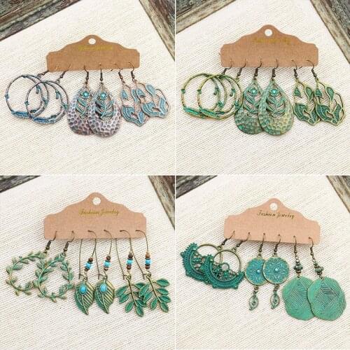 Retro Big Round Circle Leaf Flower Water Drop Earrings Set For Women Girls Vintage Green Bronze Wood Stone Beads Alloy Earrings